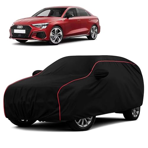Sulfar 100% Water Resistant Car Body Cover Compatible with Mirror for Audi A3 (Triple Stitched, Full Bottom Elastic, Black with Red Piping)