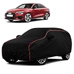 Sulfar 100% Water Resistant Car Body Cover Compatible with Mirror for Audi A3 (Triple Stitched, Full Bottom Elastic, Black with Red Piping)