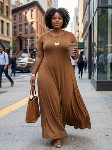 Image of SUZONANA Plus Size Maxi Dress for Curvy Women Summer Casual Sundress Short Sleeve Loose Vacation Dress