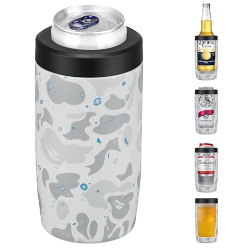 MAXSO Slim Can Cooler, 4-in-1 Double Walled Stainless Steel Insulated Beer Can Holder, Works With All 12 Oz Cans,Bottles & As A Pint Cups - Leo Grey
