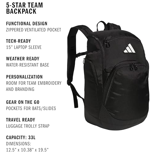 Image of adidas 5-Star Team 2 Backpack | Multi-Sport, Padded Laptop Sleeve, Organizer Pockets, Water-Bottle Pockets, Durable Build, School Gym & Travel Ready