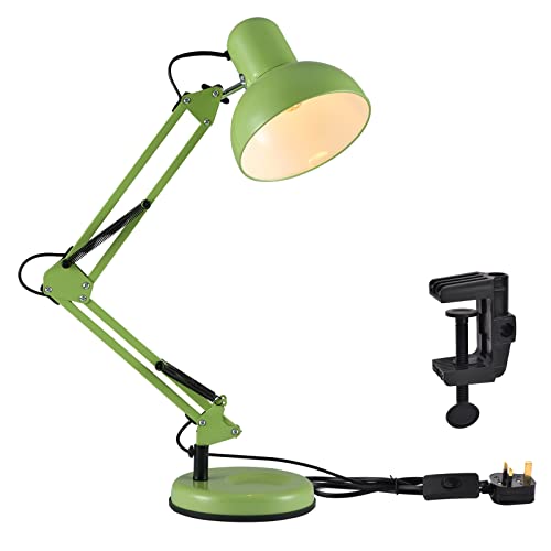 TEKLED Architect Swing Arm Desk Lamp with Base & C-Clamp Adjustable E27 Table Light for Home Office Green (Bulb Not Included)