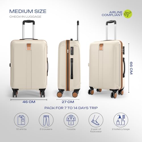 Image of Safari Thorium Royale 8 Wheels 66cm Medium Size Trolley Bag Hard Case Checkin Polycarbonate Luggage, TSA Lock, Wet Pouch Organized Interior, Suitcase for Travel, Trolley Bags for Travel, Vanilla Tan
