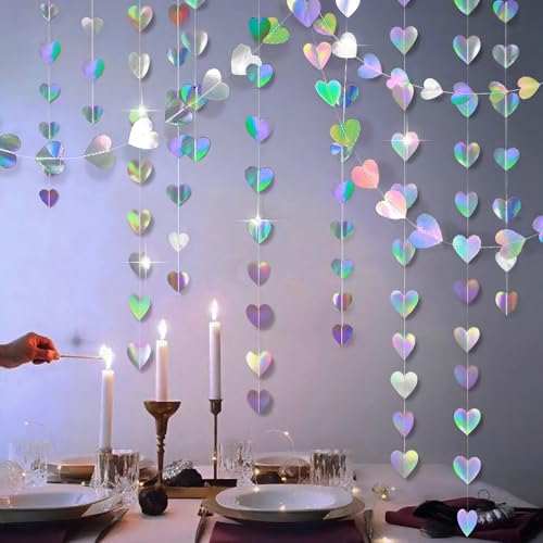 Image of Iridescent Party Decorations Holographic Heart Garlands Disco Theme Birthday Decoration Hanging Wedding Banner Graduation Decor Neon Streamers,Baby Bridal Shower Engagement Valentines Decor