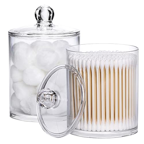 Tbestmax 12-Ounce Qtip Holder Clear Bathroom Storage Containers Plastic Apothecary Jars with Lids for Organizing Cotton Ball, Cotton Swab, Cotton Round Pads, Floss (2 Pack)