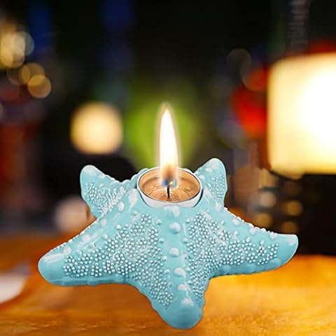 Starfish Decor Tea Light Holder, Beach Decor Candle Holder, Sea Creature Tealight Holder, Votive Candle Holders Ornaments for Table Living Room Bathroom Dining Room Wedding Decor, 18x18CM, Blue Cover