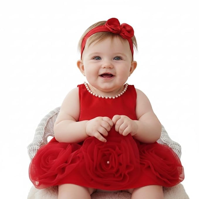the root & craft The Root And Craft Kids Birthday Photoshoot Outfit Dress Girls Soft Satin Frock with Hairband Photography Photoshoot Props (Red, 0-3 months)-picture-31