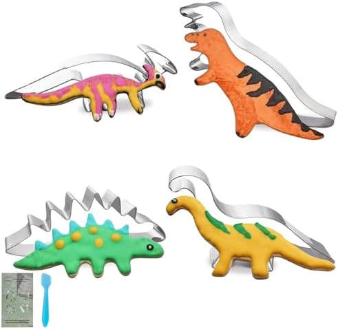 TINGSING Dinosaur Cookie Cutters, 4 Pieces Dinosaur Biscut Cutter Stainless Steel Dinosaur Shapes Baking Mold Fondant Candy Food Sandwich Cutters for Kids Dinosaur Theme Birthday Party Supplies