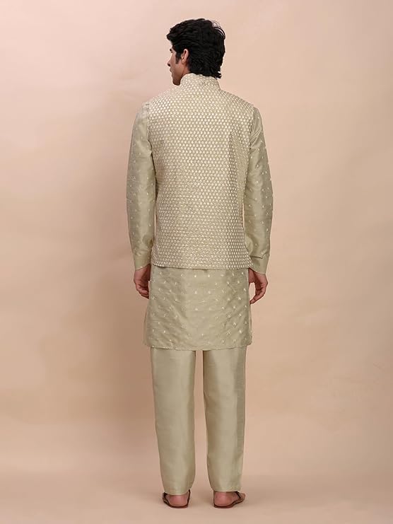 Pro-Ethic Style Developer Men's Cuffed Sleeves Silk Kurta and Trouser Set with Waistcoat (Nehru Jacket) (C-120) - Image 2