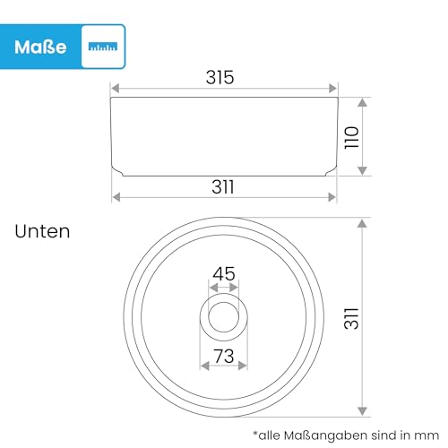 Bächlein Aufsatzwaschbecken Tamula (rund) - Keramik Waschbecken Ø 31,5 cm - Moderne Design Waschschale für Badezimmer und WC - Hochwertiges Handwaschbecken in Weiß