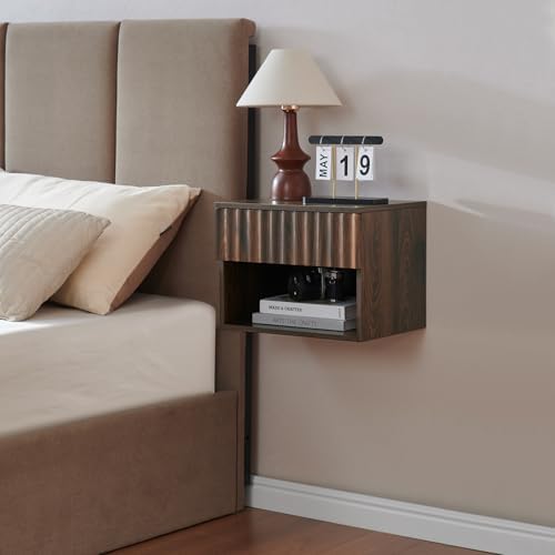 Farmhouse Floating Nightstand with Fluted Drawer - Modern Wall Mo...