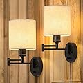 CADUKE Plug in Wall Light Set of 2, Swing Arm Wall Lamps, Modern Bedroom Wall Sconce Fixtures with Linen Lampshade for Reading Hallway Living Room