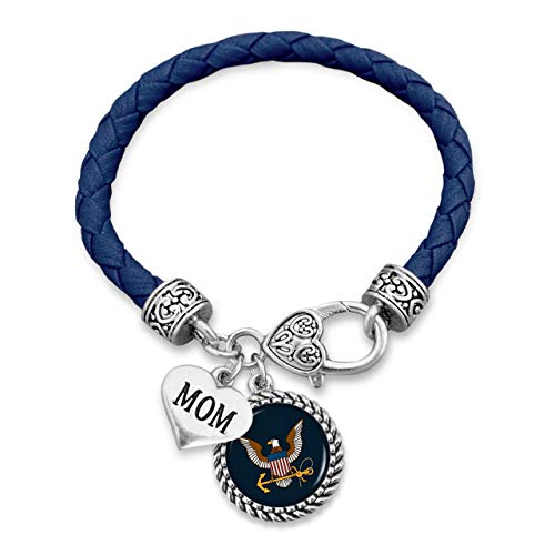 FTH U.S. Navy Mom Leather Bracelet with Round Logo, Charm and Lobster Clasp