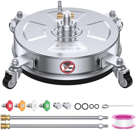 14" Pressure Washer Surface Cleaner 4500 PSI, Stainless Steel Power Washer Accessory with 4 Wheels, 1/4" Quick Connector, Extension Wands, Replacement Nozzles & Spray Tips image 2