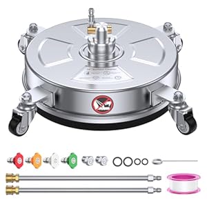 14″ Pressure Washer Surface Cleaner 4500 PSI with 304 Industrial-grade Stainless Steel Housing,1/4” Quick Plug, 4 Universal Wheels, 2 x 15″ Extended Wands, 2 Replacement Nozzles, 4 Spray Nozzle Tips