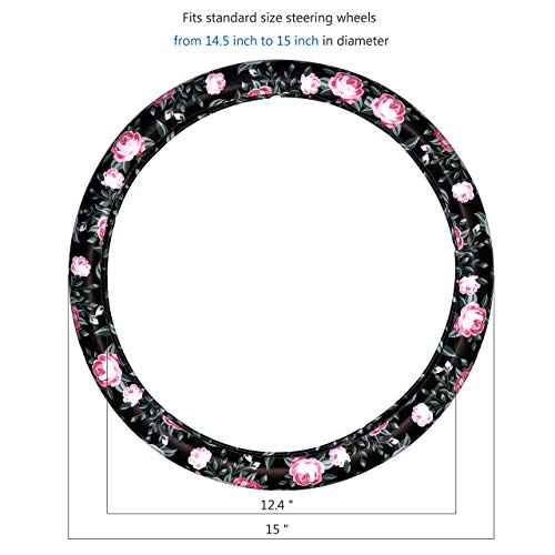 Binsheo Leather Car Floral Automotive Steering Wheel Cover, For Women Girls Ladies, Anti Slip Universal 15, Balck With Pink Flowers #TOP5