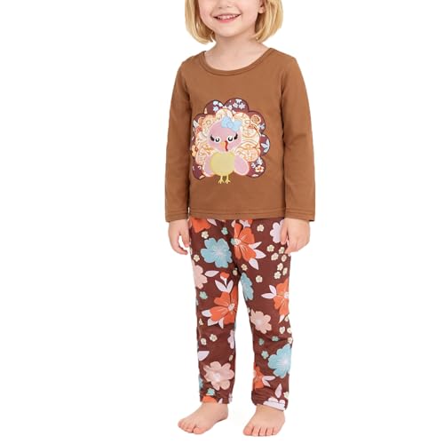 Image of Thanksgiving Toddler Girls Turkey Outfits Set Ruffle T-Shirt Dress and Pants Outfit Set 3-8Years