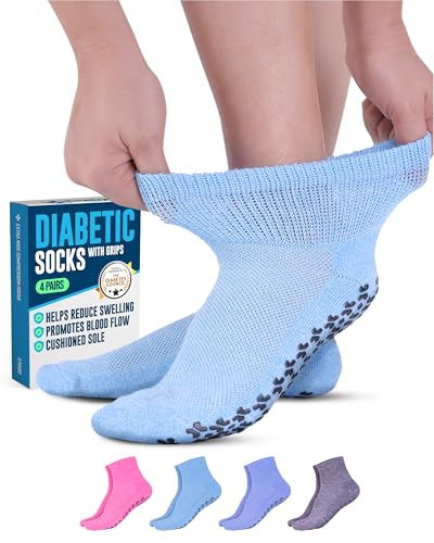 Diabetic Socks with Grips - 4 Pair | Light Blue,