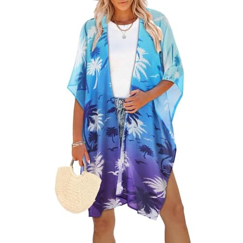 Womens Swimsuit Coverups Summer Loose Cardigans for Swimwear Lightweight Beach Kimono (Blue Purple Coconut Tree,S)