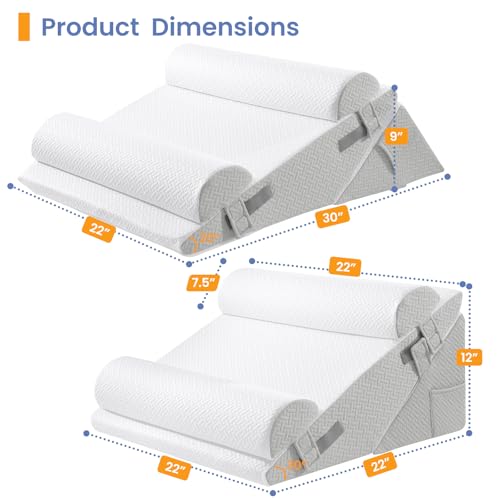 Sasttie Wedge Pillow Set for After Surgery, 4PCS Adjustable Bed Wedge Pillow Headboard with Memory Foam Neck Cushion – for Acid Reflux, Sleeping, Neck & Back Support, Light Grey & White
