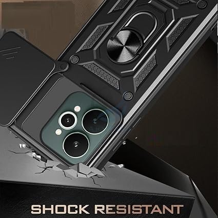 Image of SPAZY CASE Realme 15 Back Cover | Heavy Duty Hybrid Case with 360 Degree Rotating Finger Ring Holder + Slider Shutter Camera Protection Case for Realme 15 - Black