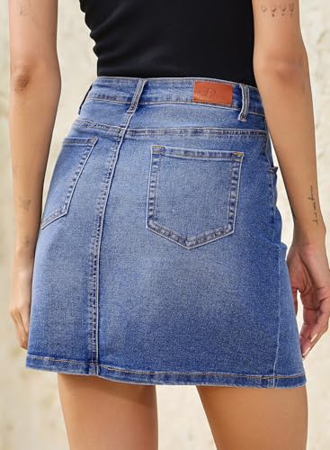 Image of Sidefeel Women's Jean Skirt High Waist Drawstring Stretchy Casual Summer Loose Fit Trendy Mini Denim Skirt with Pockets