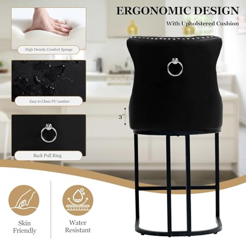 Image of UVV Counter Height Bar Stools Set of 6, 26 inch Modern Barstools with Back, Faux Leather Upholstery Counter Chairs with Metal Legs for Kitchen Island, Bar, Counter, Black