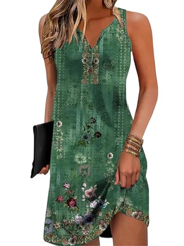 Image of Disamer Womens Summer Dress 2026 Casual Button Down V Neck Sleeveless Boho Floral Beach Sundresses Vacation A-Line Dresses