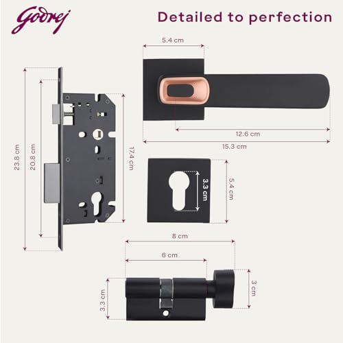 Image of Godrej Mortise Lock|Handle Lock Set for Main & Bedroom Door|HDH 07 Brass Home Decor Handle| Matte Black Finish|10 inch Lockbody|60 mm Cylinder Key Outside& knob from Inside 4 Keys |5 Years Warranty