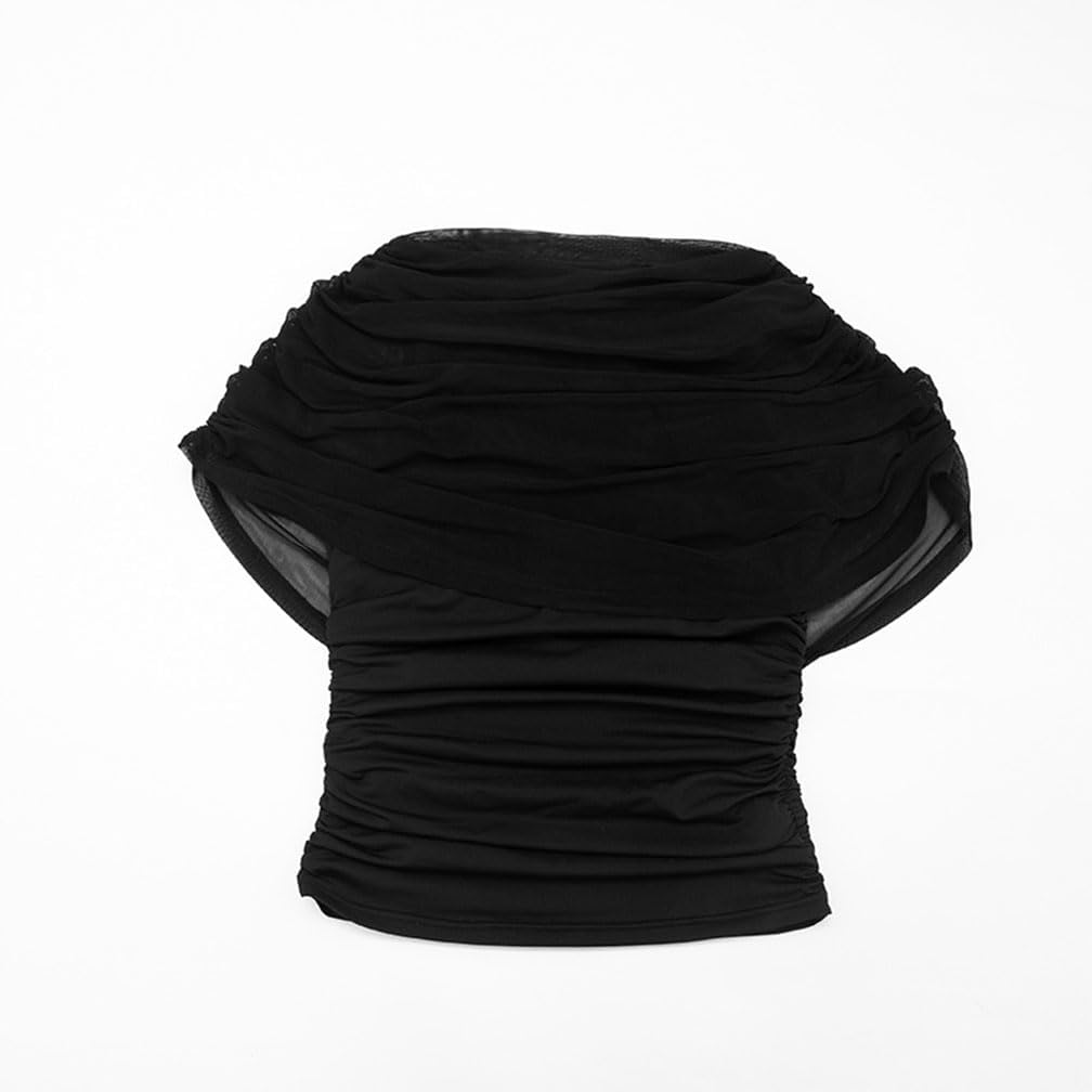 Women Y2k Half Cape Sleeve Ruched Blouse Trendy Slim Fit Draped Boat Neck Mesh Patchwork Cinched Waist Pullover - Image 7