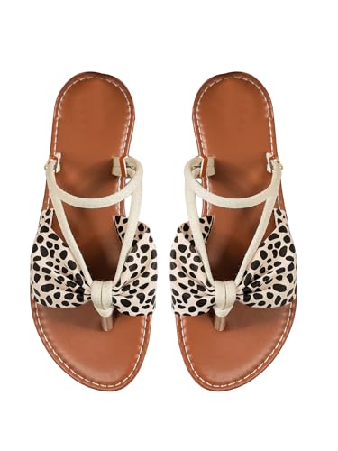 Verdusa Women's Leopard Print Bow Sandals Summer Vacation Cut Out Flat Leather Thong Sandals