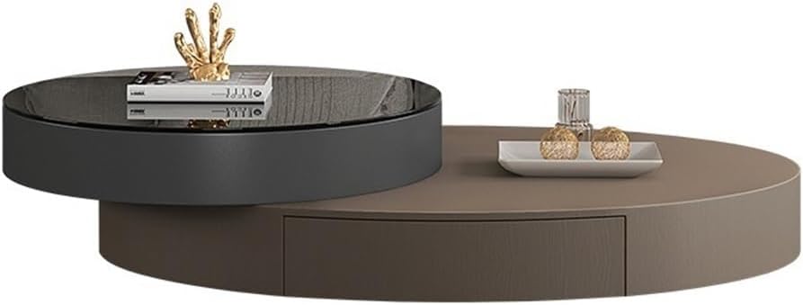 Side End Table Rotating Oval Coffee Table Set, Modern Luxury Glass Table for Small Spaces, Stylish and Functional Home Furniture Accent Coffee Table for Living Room Bedroom Office(Gris)