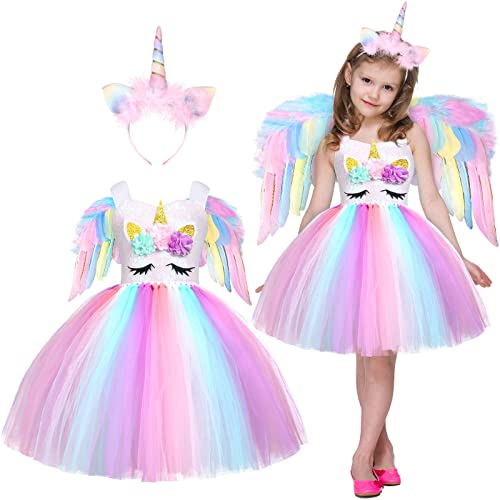 G.c Unicorn Costume For Girls Rainbow Tutu Dress Up With Headband Wing Outfit Princess Birthday Party Gift #TOP6