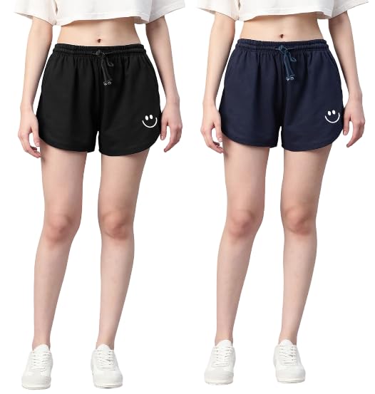 Womens Casual Wear Smle Print Shorts (Smile Shorts-Black,Navy)