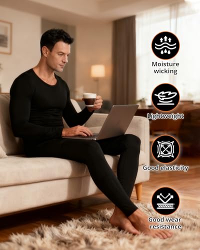 Image of PISIQI Thermal Underwear Men Ultra-Soft Long Johns Set with Fleece Lined Base Layer Winter Skiing Warm Top & Bottom Black