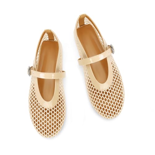 Image of DOEYG Mesh Ballet Flats for Women Buckle Strap Comfy Casual Office Fishnet Ballerina Flat Shoes