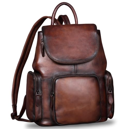 IVTG Genuine Leather Backpack for Women Shoulder Bag Vintage Designer Back Bag Fashion Rucksack Casual Daypack (Coffee)