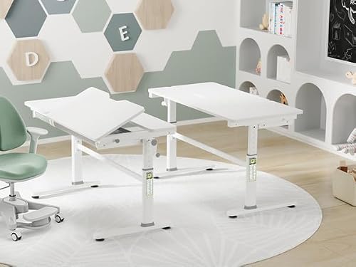 HOKO Schreibtisch Kinder, Höhenverstellbar Kinderschreibtisch 100x60cm, Kinderschreibtische Kinder ab 6 Jahren, neigbare Tischplatte mit Schubladen, Verstellbar von 54-76cm (Weiß, JANA)