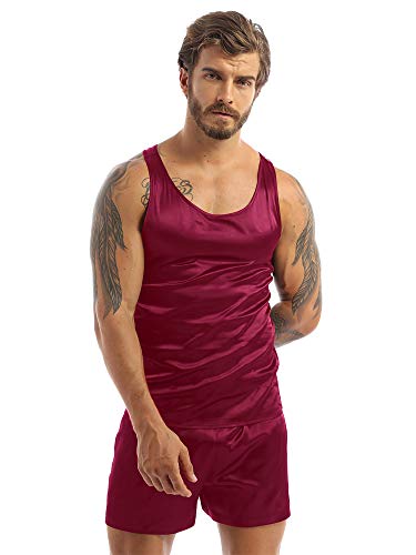 JEATHA Pijama de satén para Hombre, Conjunto de Pijama Sexy sin Mangas, Mini Pantalones Cortos, Bata Suave, Camisón de Verano Rojo XL Cover