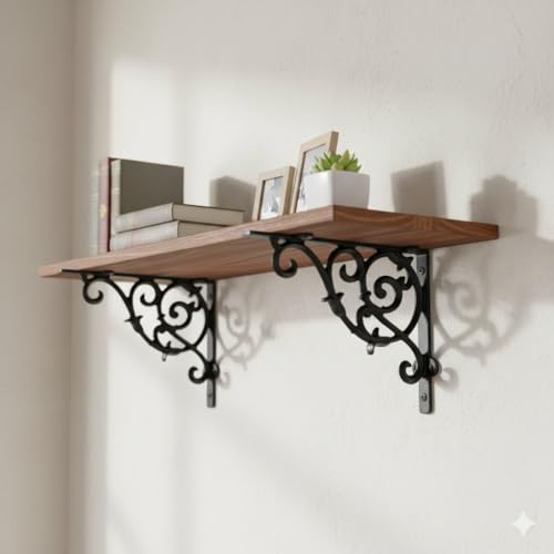 Image of Metal Handcrafted Shelf Bracket for Floating Shelves L Angle Decorative L Shaped Corner Brace Joint Heavy Duty Wall Mounted Shelf Supporter Corner Brace Holder | (Pack of 2, Black)