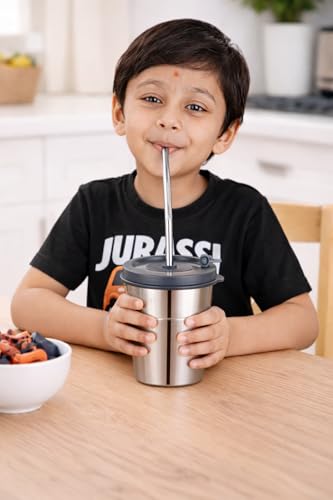 Image of Stainless Steel Fusion Glass Tumbler with Stainless Steel Metal Straws and Cleaning Brush with Lid (LD SIP 400+600ML)