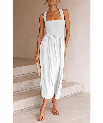 Image of Sexyshine Women's Square Neck Halter Lace Up Criss Cross Maxi Dress Tie Back Sleeveless Smocked Ruched A Line Dress