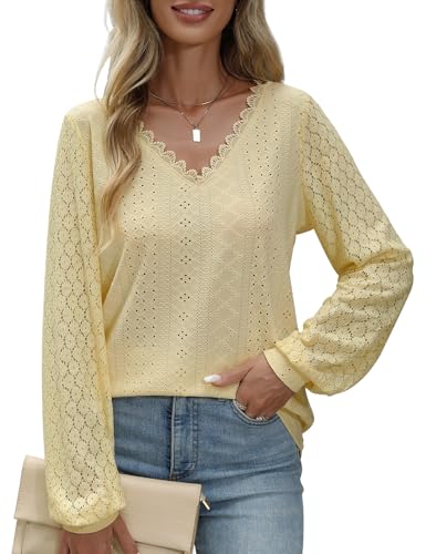 PASUDA Blusa Mujer Elegante Camiseta Manga Larga Casual Cuello en V Camisas Blusas de Encaje Moda Suelta Túnica Sólido Tops Verano Otoño T Shirts(Beige,M)