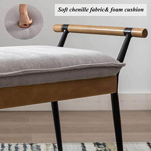 Duomay Modern Rectangle Ottoman Bench With Arms And Metal Legs, Mid Century Chenille Fabric Dining Table Bench Footstool Entryway Shoe Bench For Dining Room Bedroom Living Room, Grey #TOP2