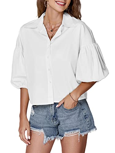 LYANER Women's Collar V Neck Button Down Lantern Short Sleeve Blouse Crop Top Shirt3