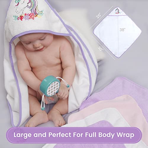 Image of Viviland Baby Towels and Washcloths, Soft Absorbent Purple Baby Bath Towel Set, Unicorn Hooded Towels with 5 Infant Face Washcloths (6 Pieces)