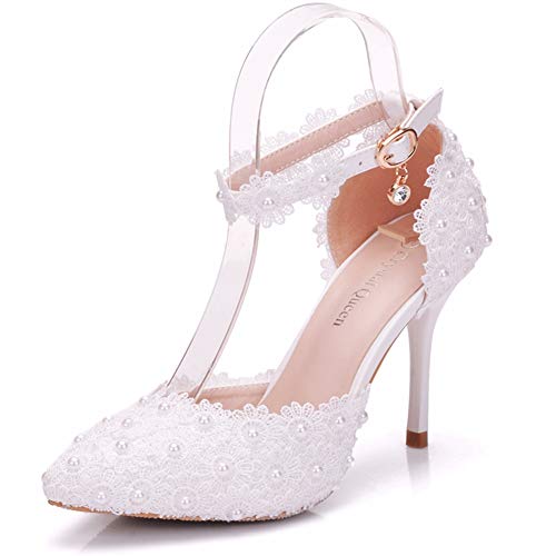 Women High Heels Sandals White Lace Pearls Wedding Shoes Pointed Toe Bridal Shoes
