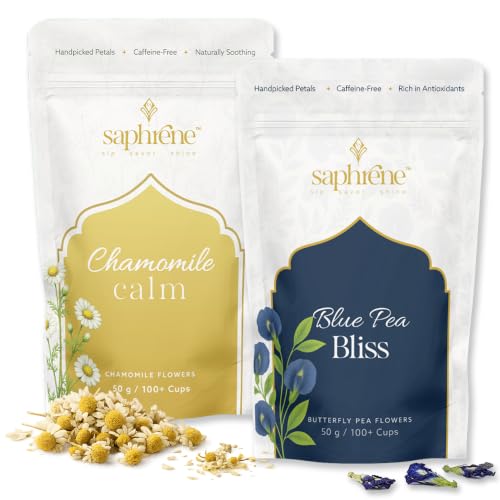 Image of Saphrene Butterfly Pea Flower Tea & Chamomile Tea Combo 50g Each | Day & Night Ritual | Detox + Sleep Herbal Infusion | Weight Management + Relaxation | Caffeine Free | NABL Lab-Tested