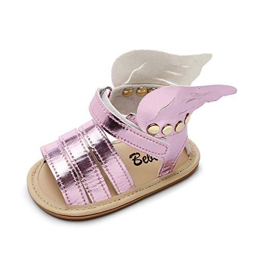 Bebila Cartoon Dinosaur Baby Sandals - 3D Dorsal Fin Anti-Slip Soled Leather Baby Shoes for Girls Boys (3-6months/12cm/5M US Toddler, Wings Pink)