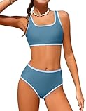 NECIOUS Teen Swimsuits for Girls 12-14 Girl Bathing Suits Bikini Blue Color Contrast Trim Cute Sporty Bikinis Swim with Chest Pad Two Piece Swimwear
